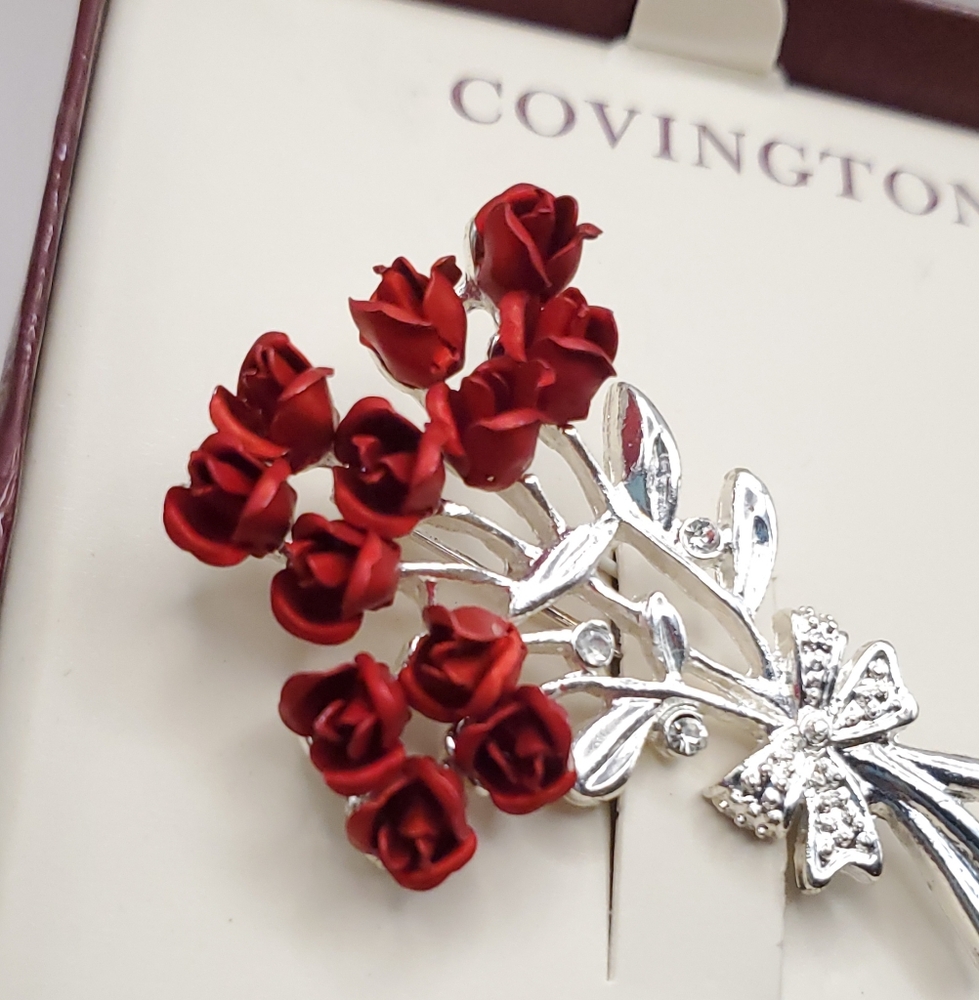 Dozen Roses Silver and Red Enamel Floral Brooch Pin NWT
